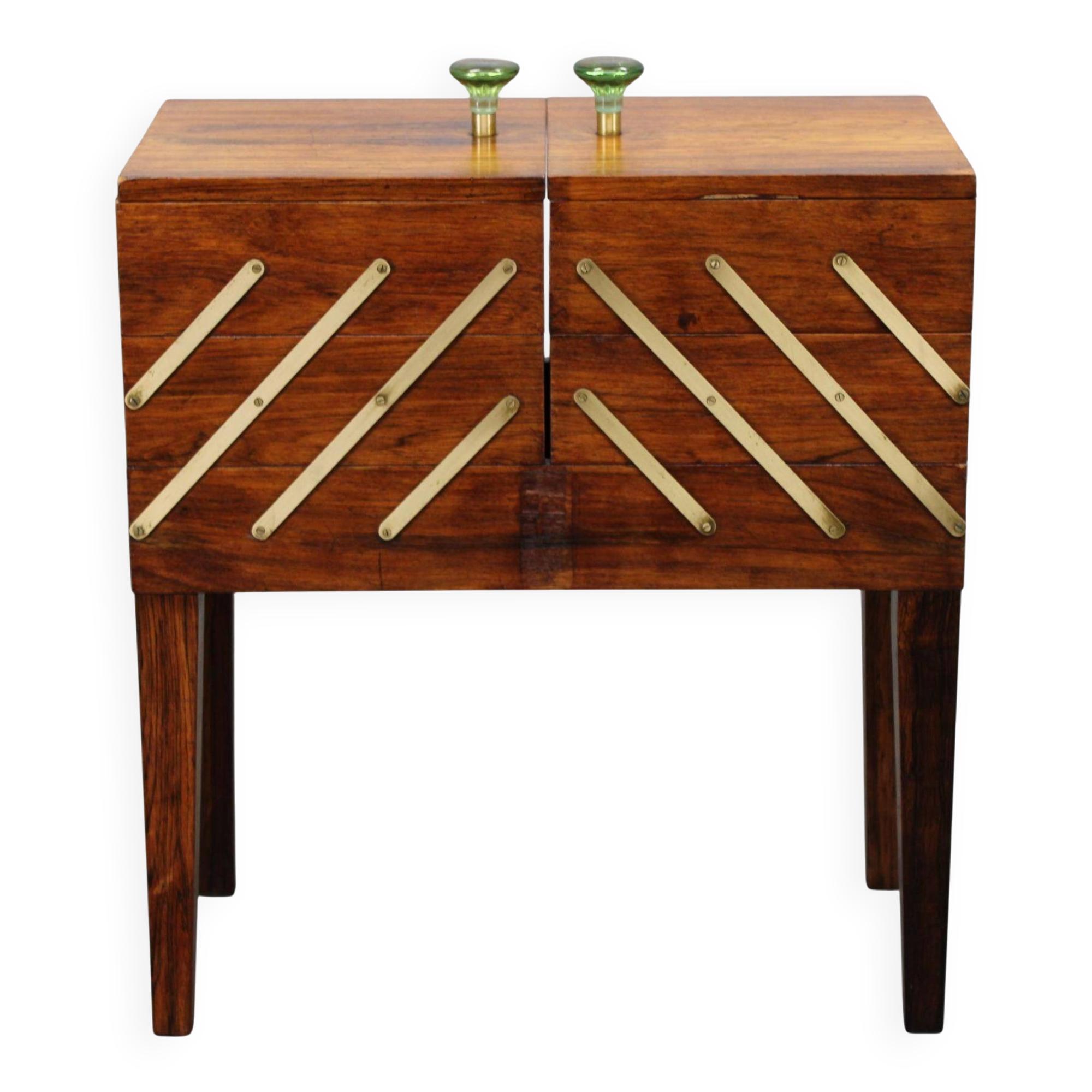 Danish mid-century unfolding sewing box in wood and brass, 1960s