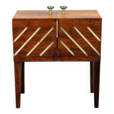 Danish mid-century unfolding sewing box in wood and brass, 1960s