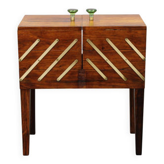 Danish mid-century unfolding sewing box in wood and brass, 1960s