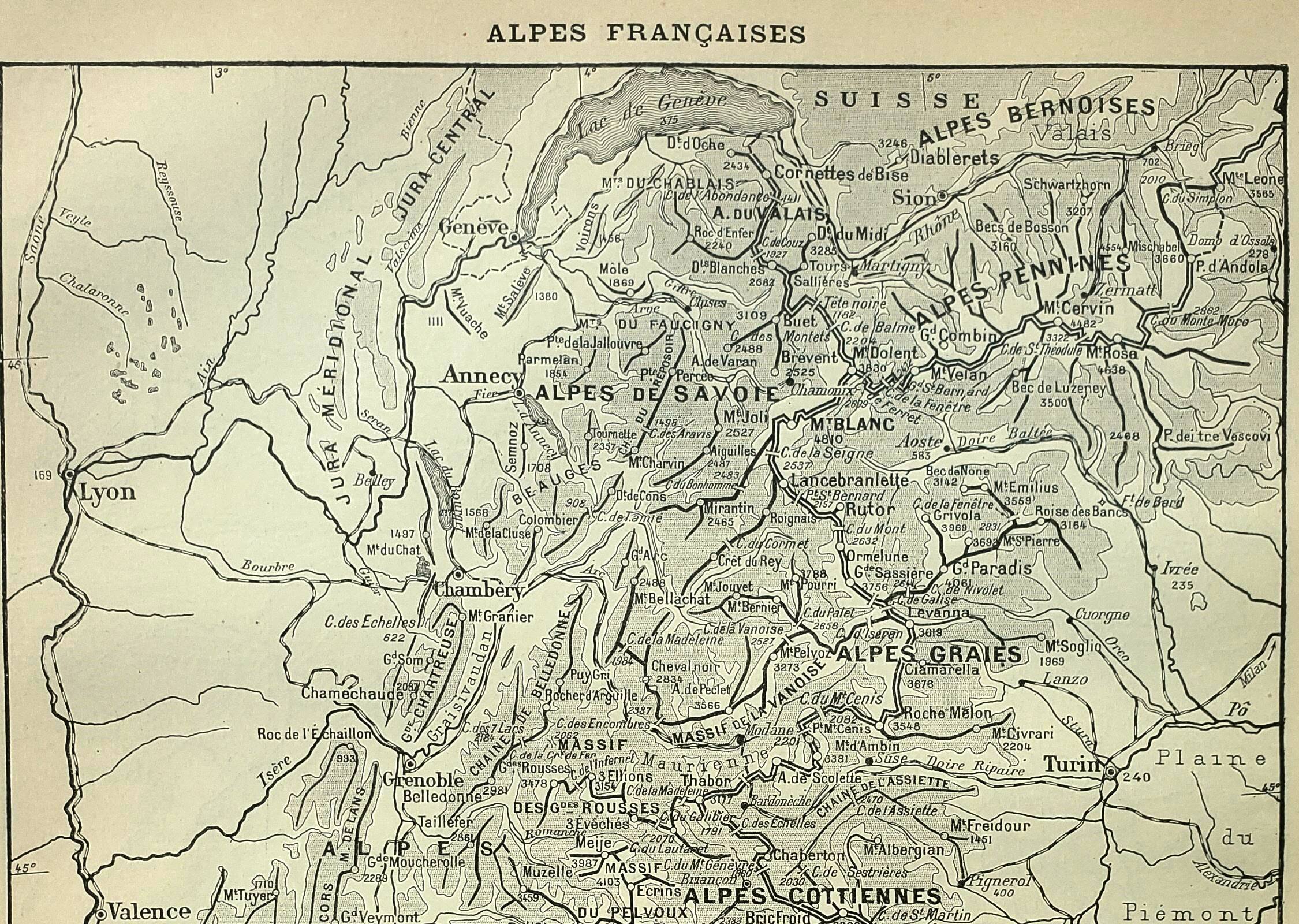Antique engraving 1898, French Alps, map, mountain • Lithograph, original illustration