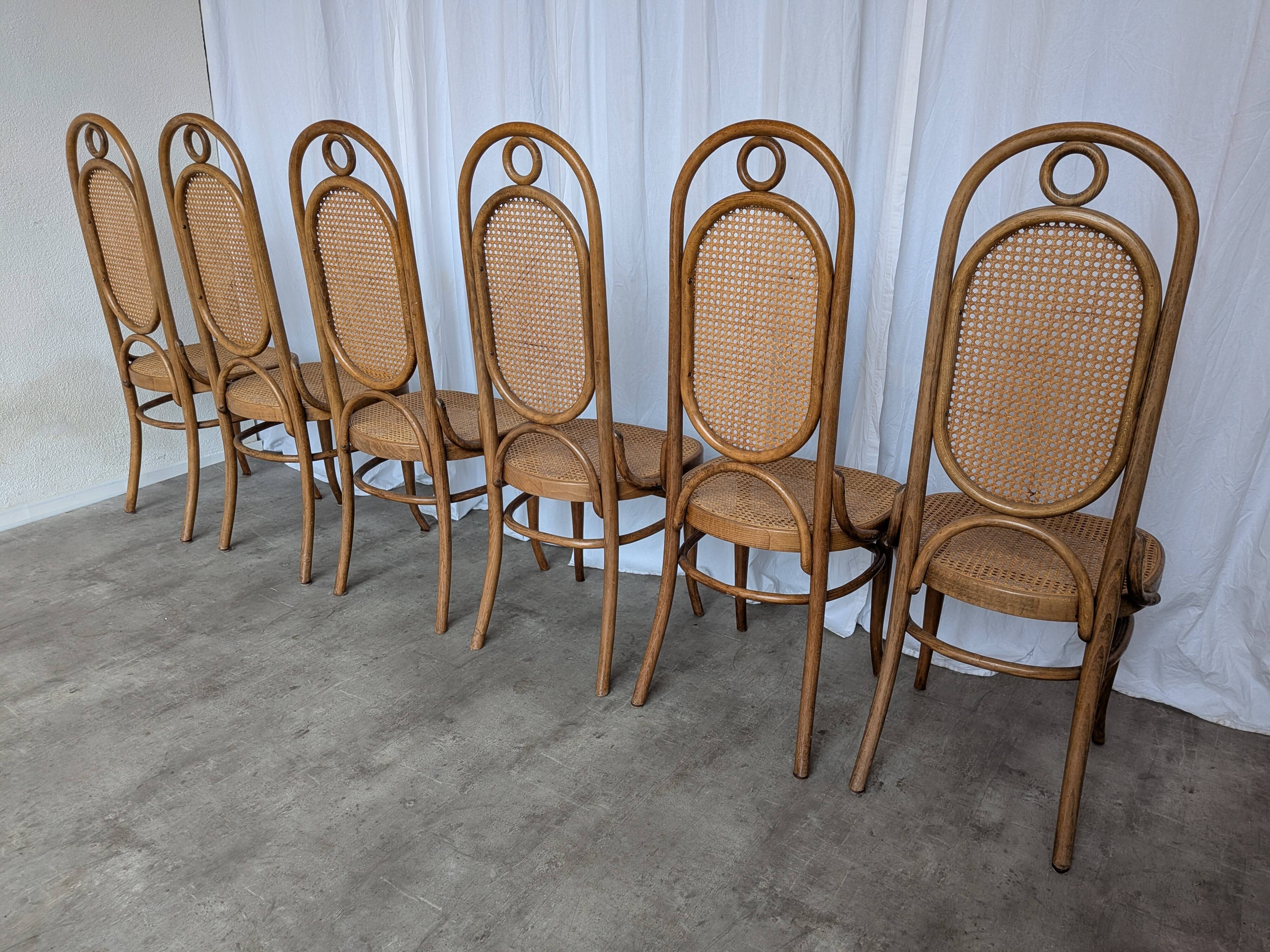 Set of 6 Vintage Bentwood Cane Dining Chair, Thonet Style, 1970s Yugoslavia