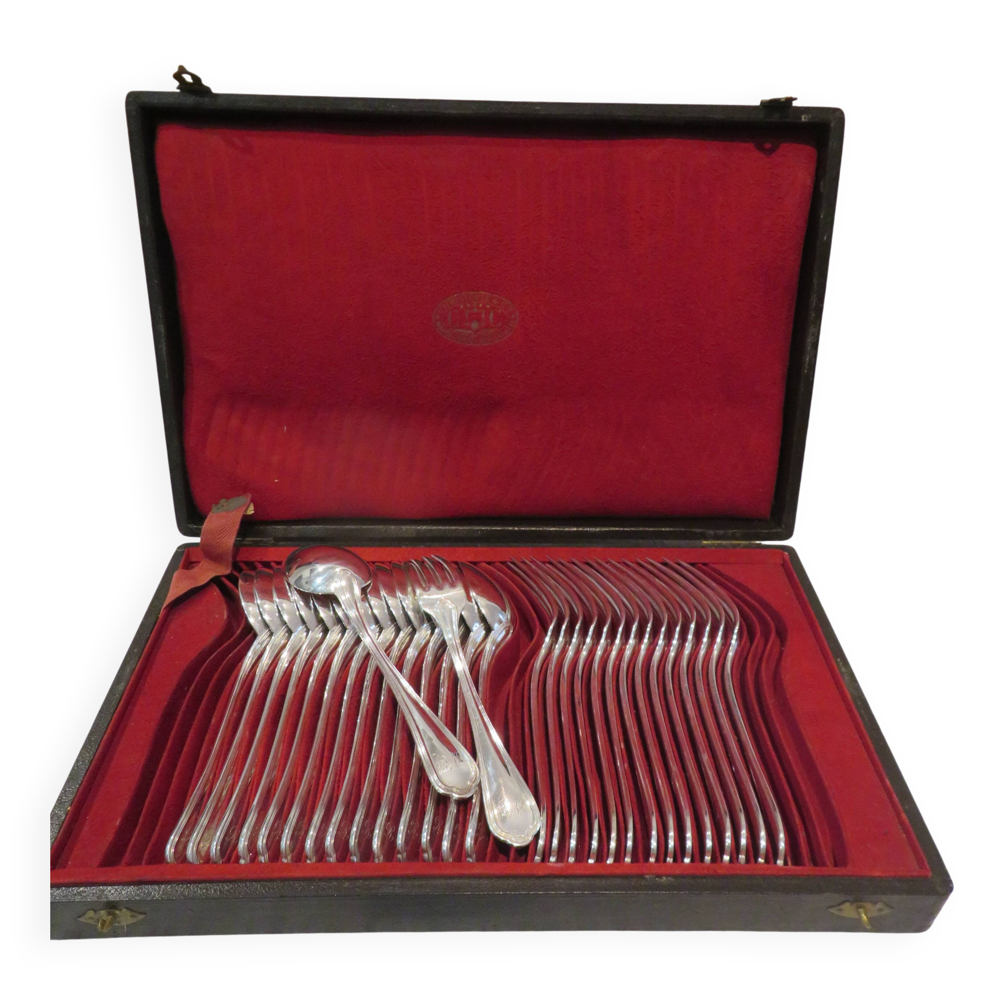 15 Christofle Spatours engraved RV 21.8cm table cutlery 30p early 20th century