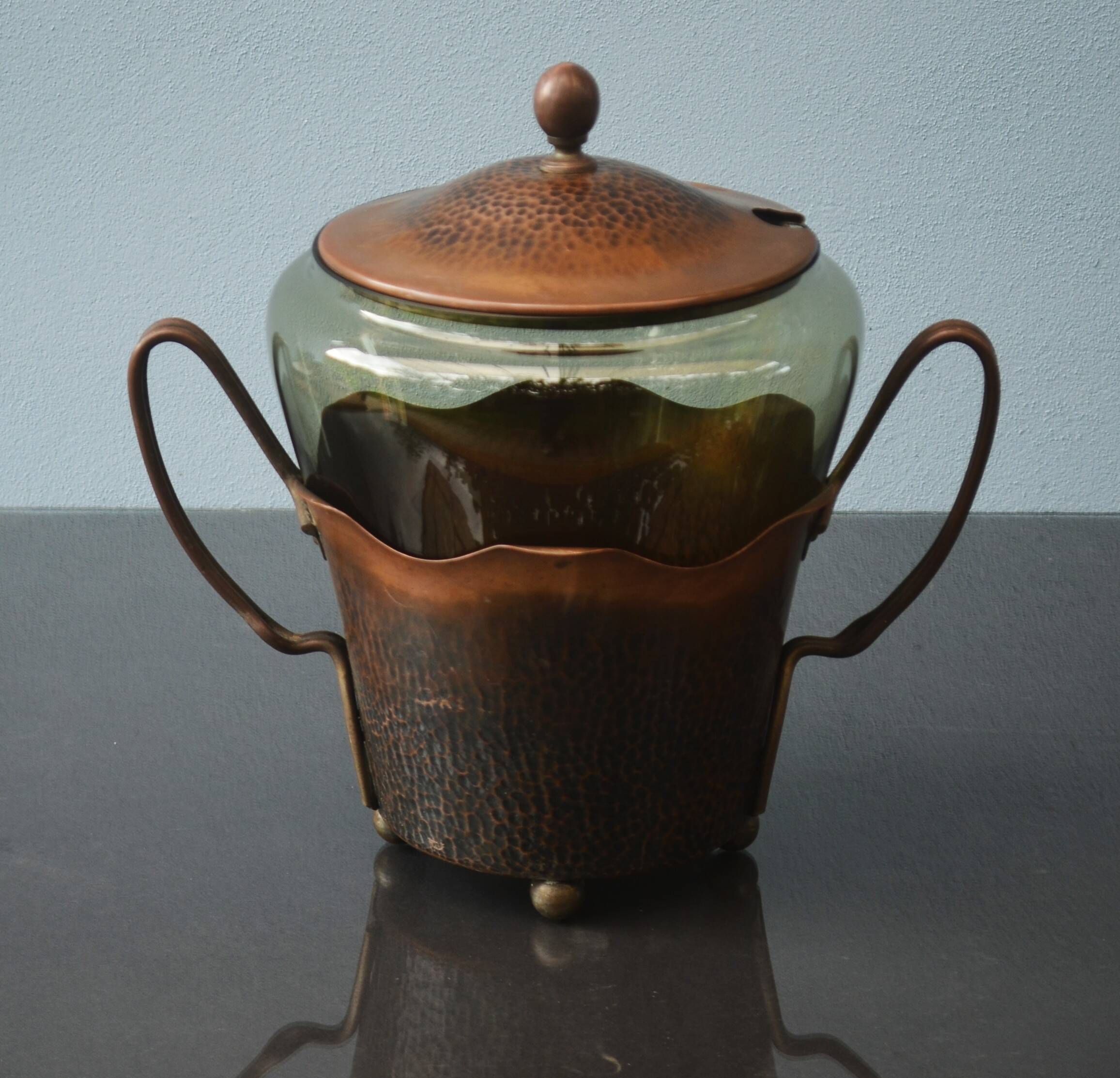 Art Nouveau Smoked Glass Punch Bowl Copper Crafted by Carl Deffner