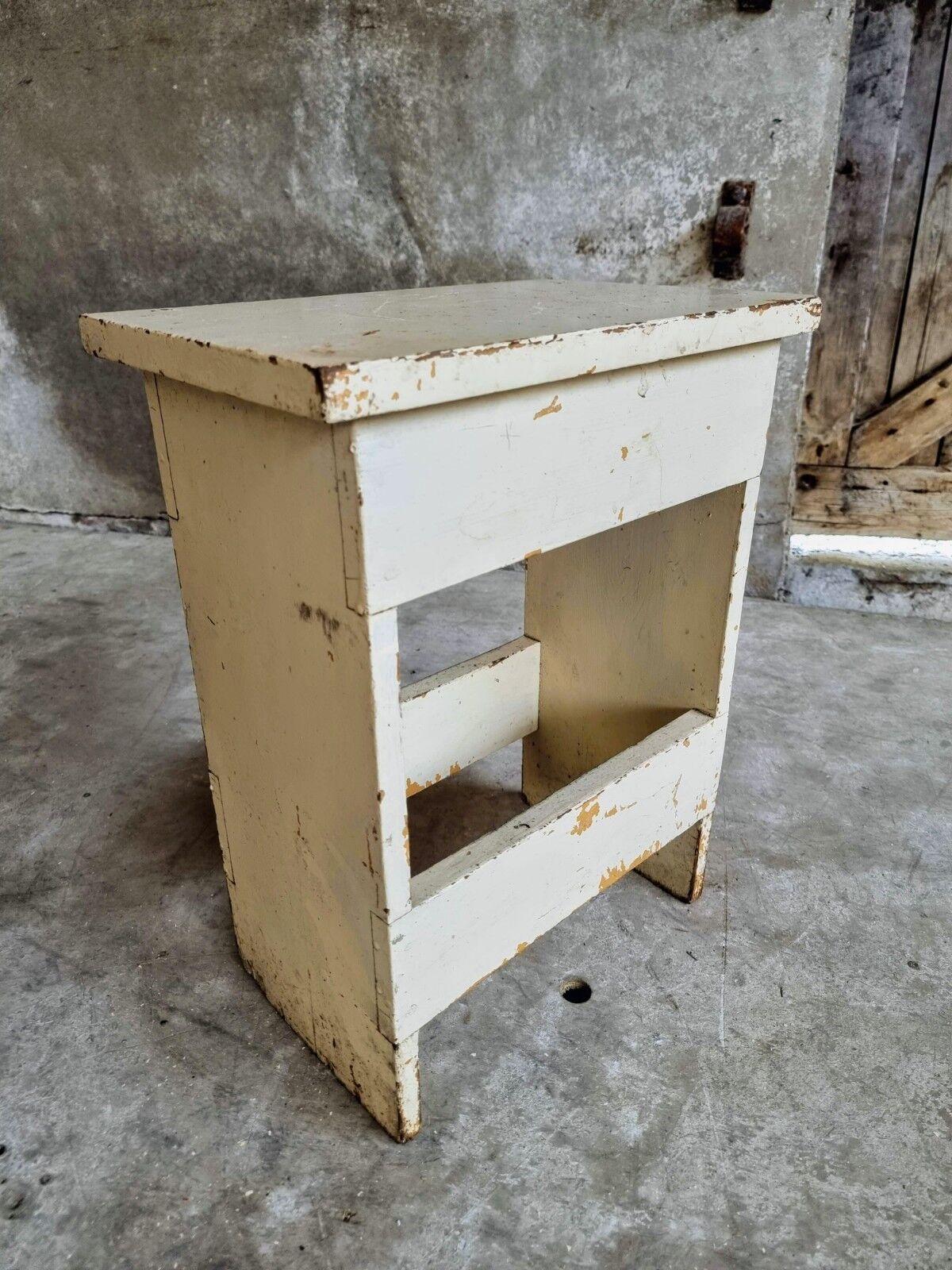 Vintage wooden stool side table creamy white