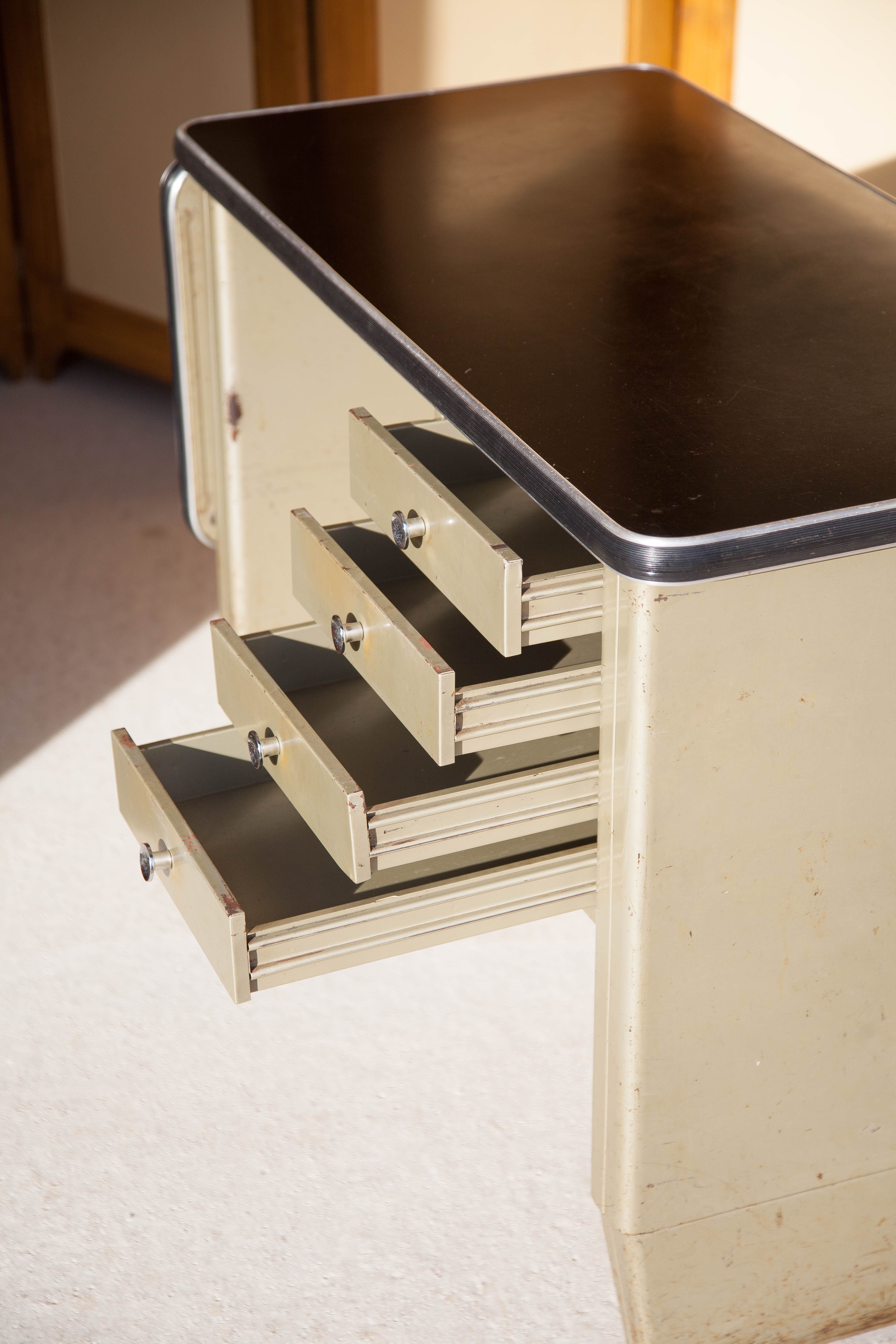 Vintage metal desk, desk with drawers and folding shelf, vintage desk