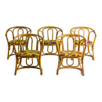 Ensemble funky de cinq chaises en bambou des années 60