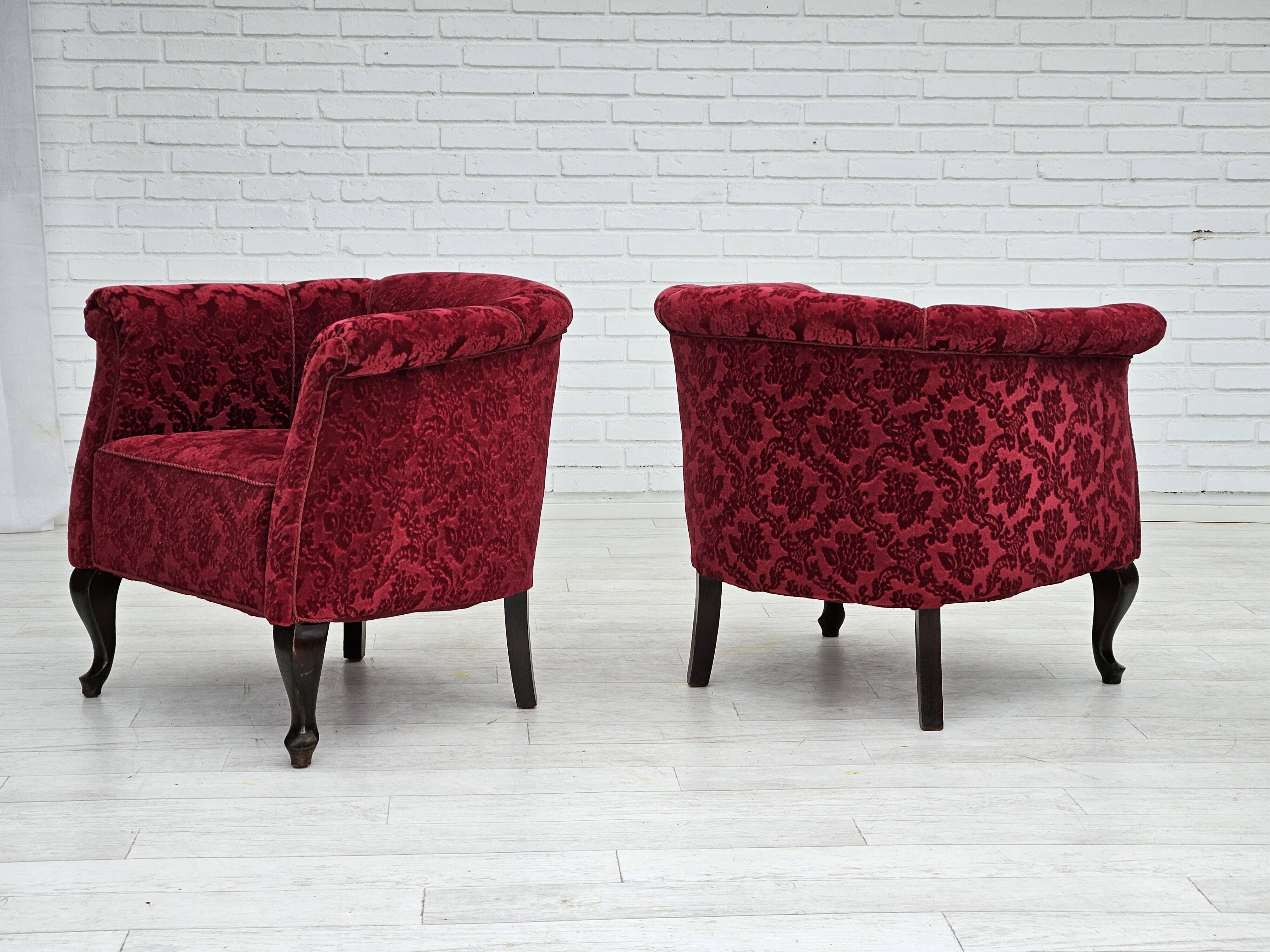 1950s, pair of two Danish lounge chairs, red cotton/wool fabric, beech wood.