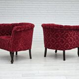 1950s, pair of two Danish lounge chairs, red cotton/wool fabric, beech wood.