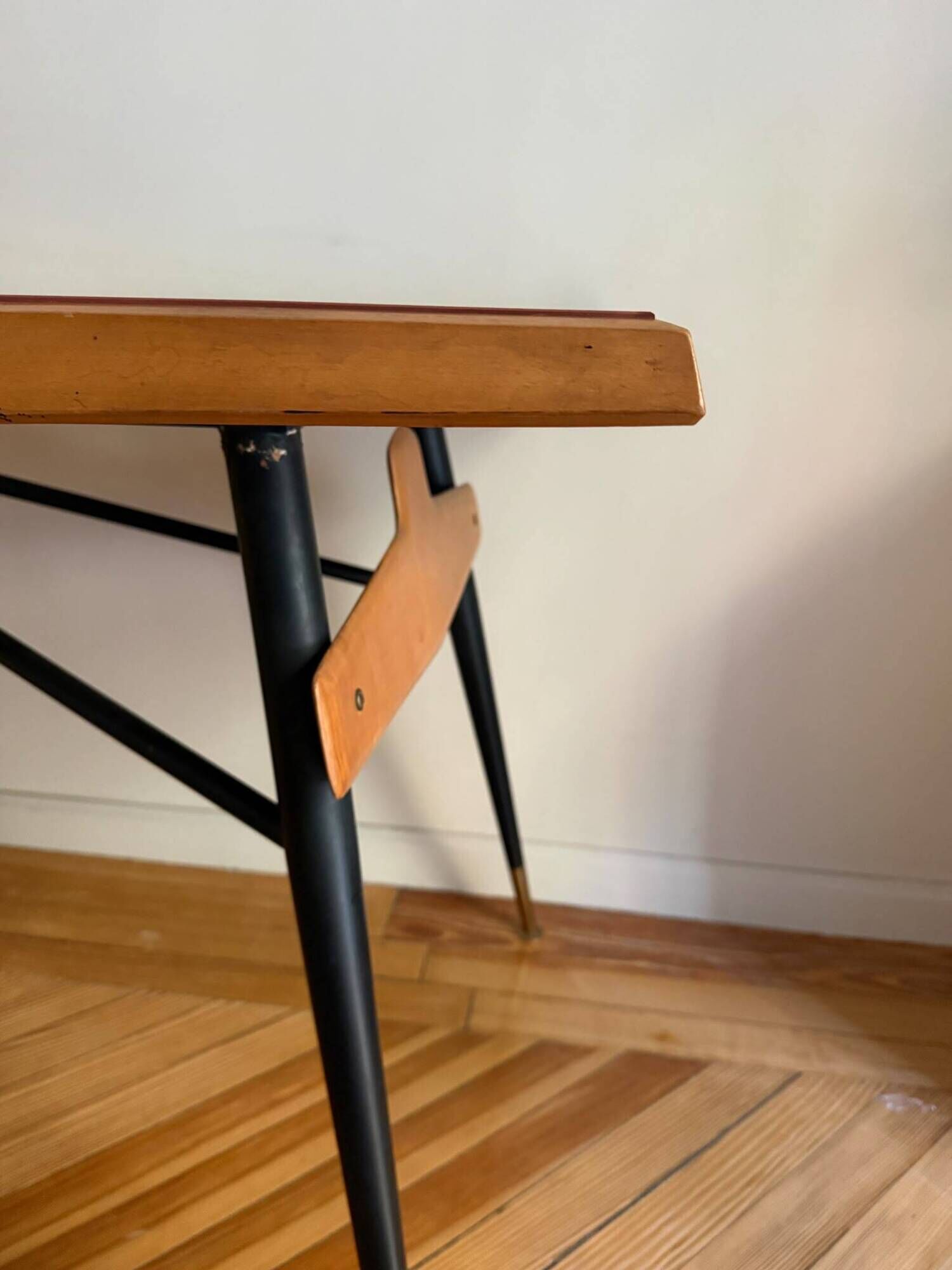 Original table by Ico Parisi with a structure of wood, metal, and stained glass.