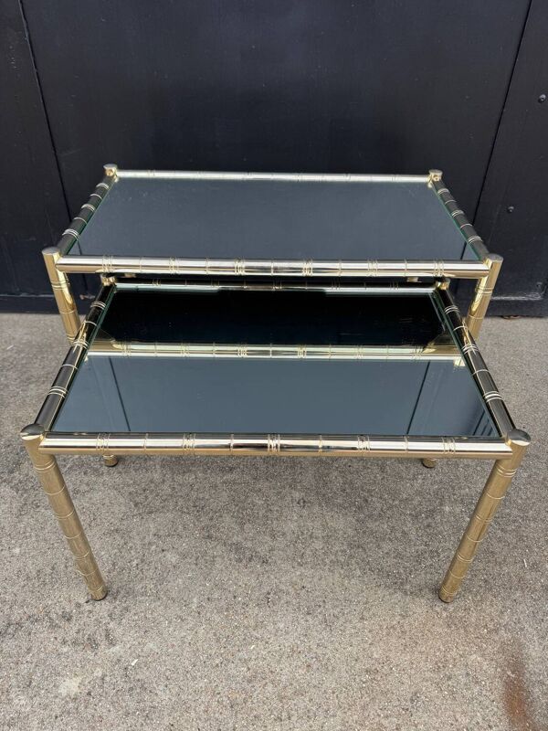 Tables gigognes métal doré bambou miroir années 70