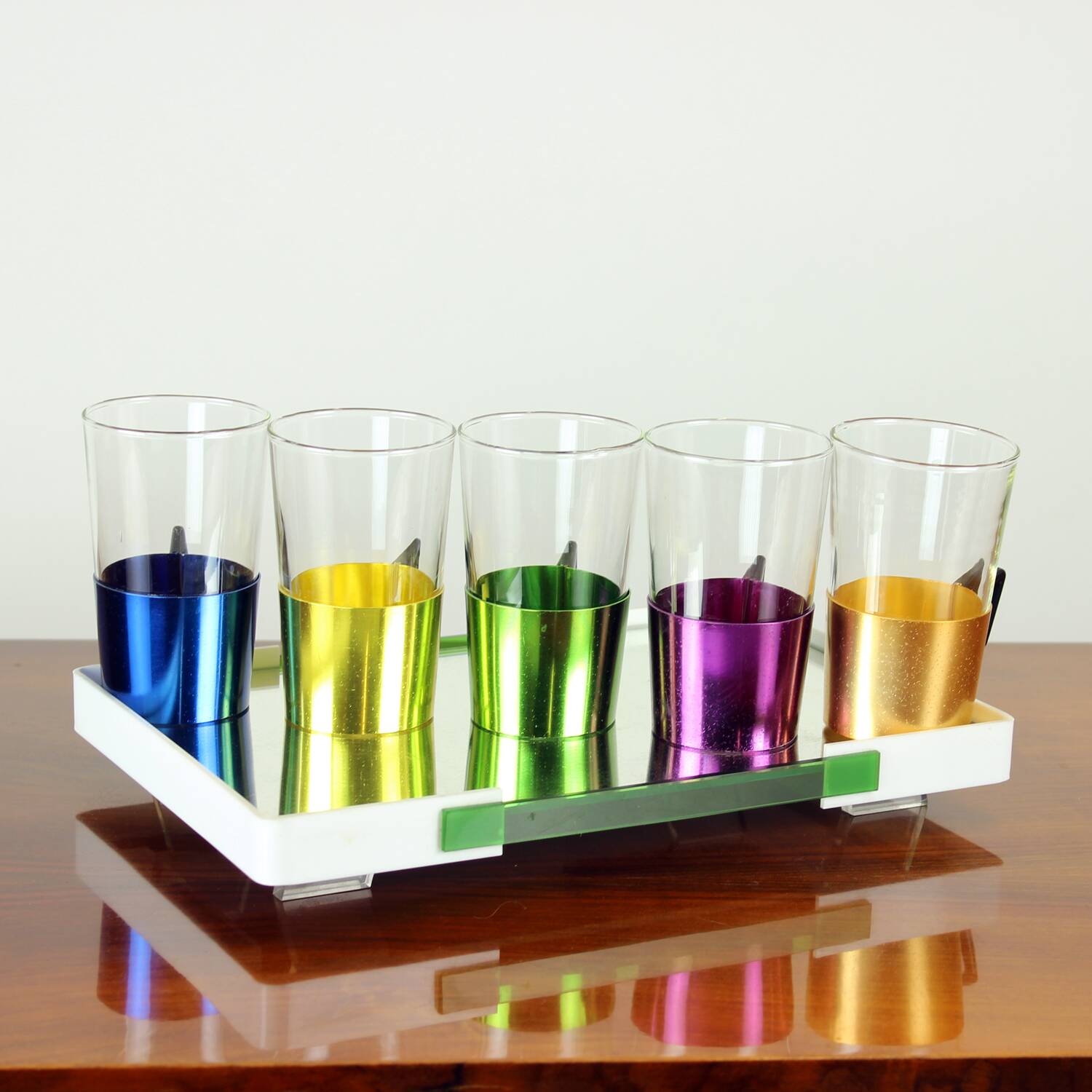 Set Of Colorful Drinking Glasses With A Tray, Czechoslovakia 1960s
