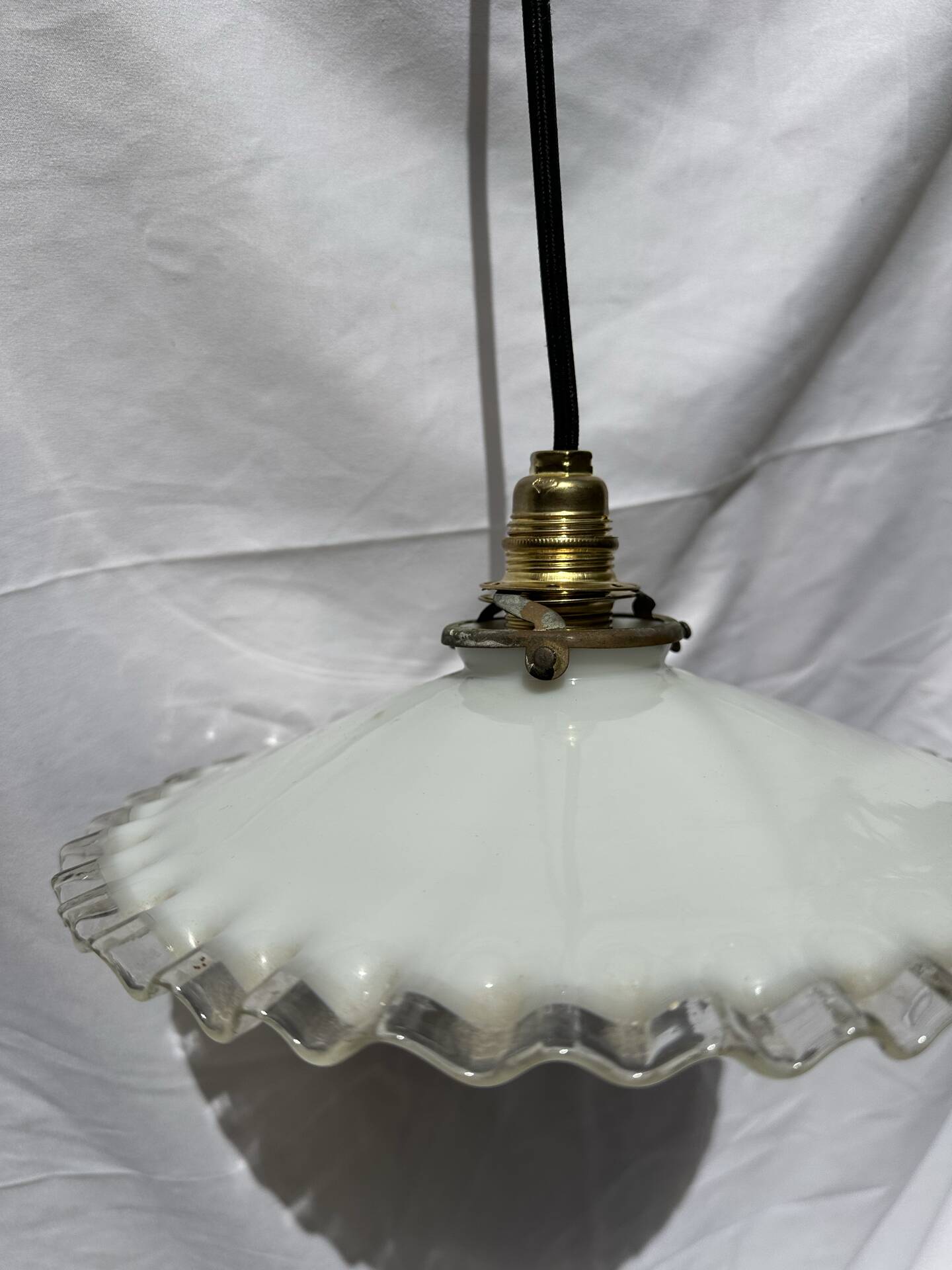 White opaline wavy suspension brass claw vintage lampshade