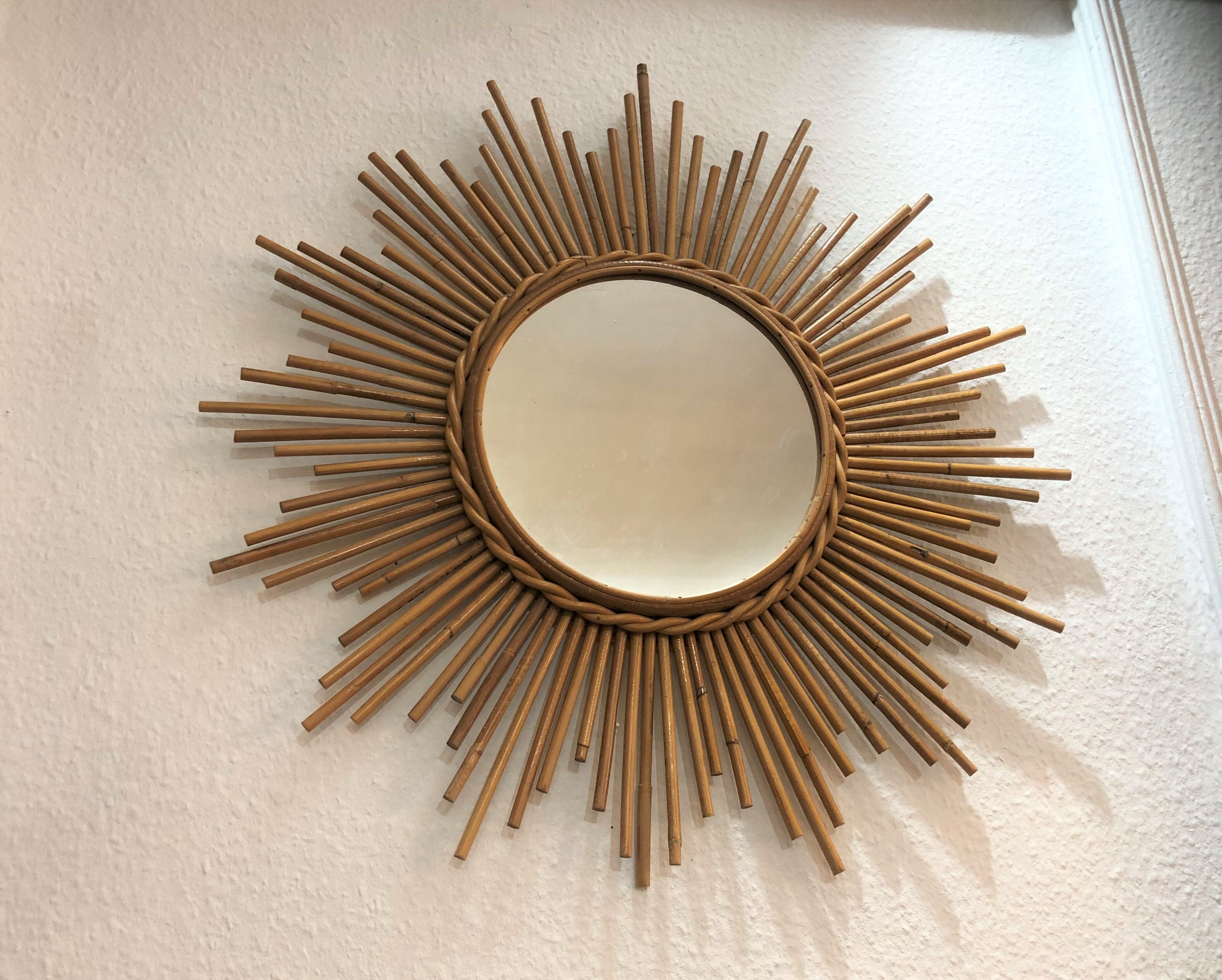 Old mirror soleil vintage in braided rattan 60