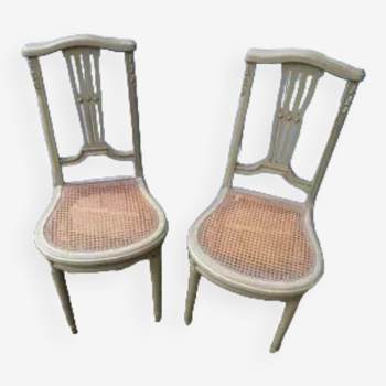 Pair of canned chairs green patina