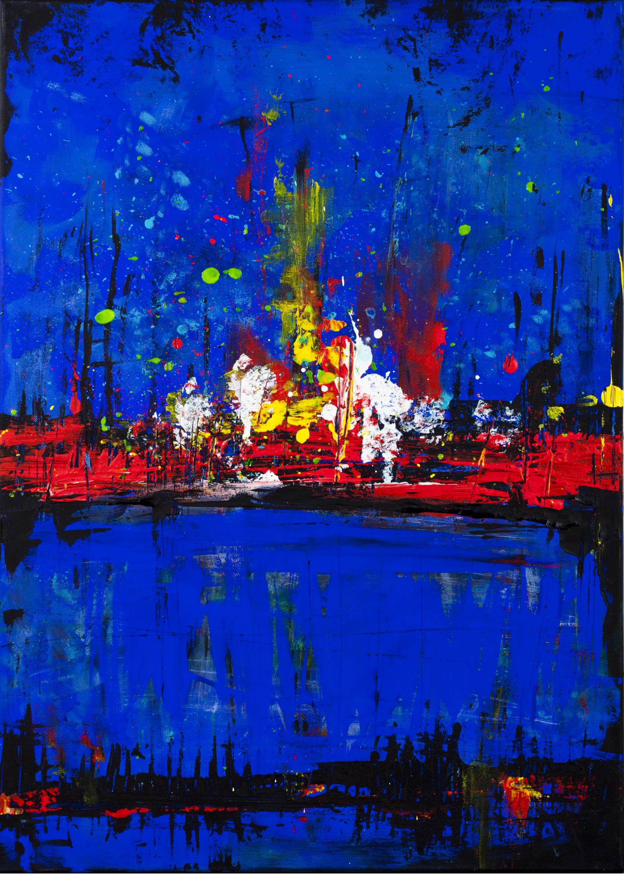 Abstract blue and red colors acrylic painting on stretched canvas
