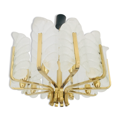 Lustre scandinave en laiton avec 10 feuilles de verre par Carl Fagerlund pour Orrefors, Suède, années 1960