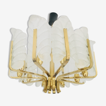 Scandinavian Brass Chandelier with 10 Glass Leaves by Carl Fagerlund for Orrefors, Sweden, 1960s