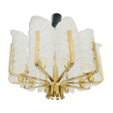 Scandinavian Brass Chandelier with 10 Glass Leaves by Carl Fagerlund for Orrefors, Sweden, 1960s