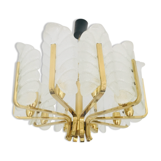 Scandinavian Brass Chandelier with 10 Glass Leaves by Carl Fagerlund for Orrefors, Sweden, 1960s