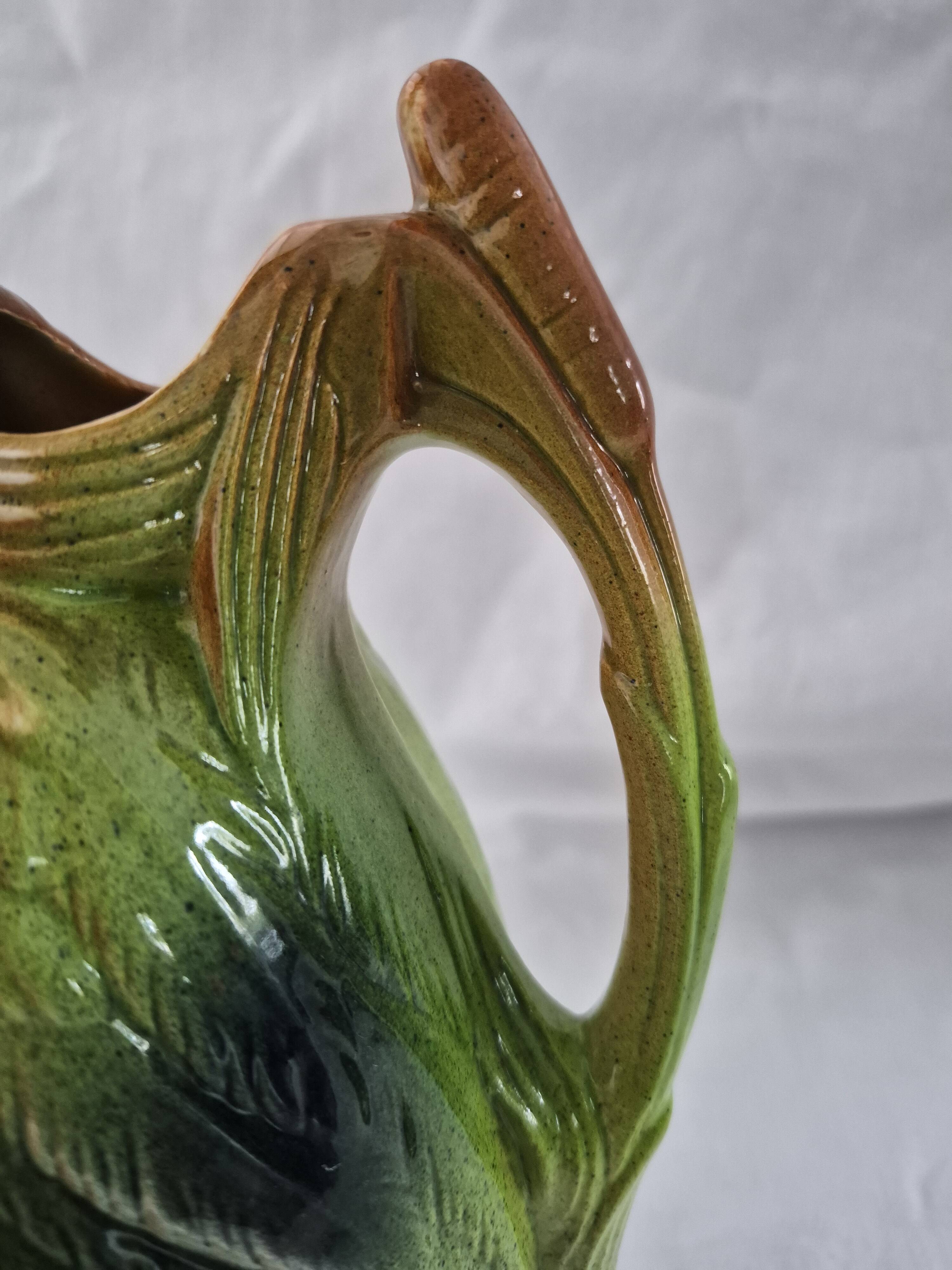 Old barbotine jug Saint Clément Mallard Duck A027