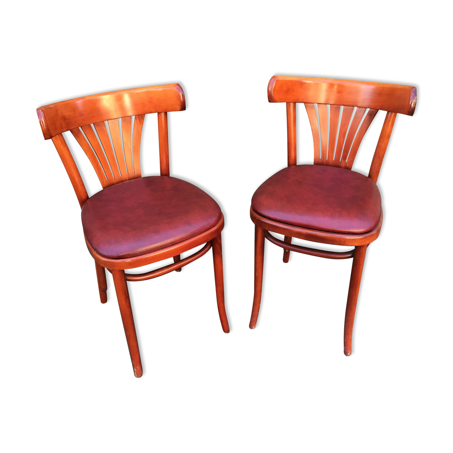 Pair of restaurant chairs curved wood imitation vintage leather 1970s