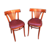 Pair of restaurant chairs curved wood imitation vintage leather 1970s