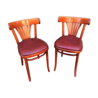 Pair of restaurant chairs curved wood imitation vintage leather 1970s