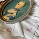 Old linen sheet embroidered red monogram