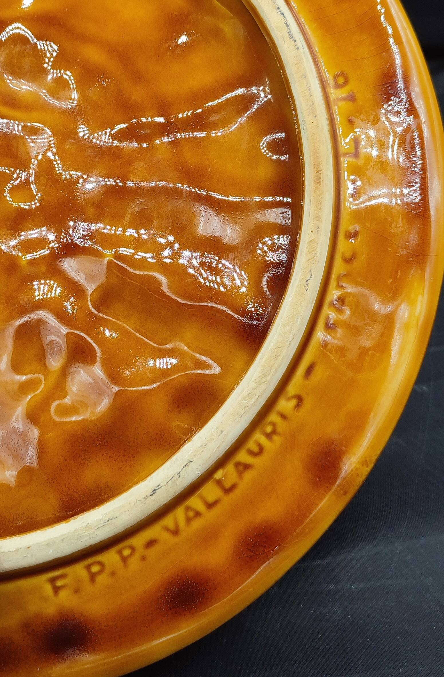 Vintage Vallauris plate, glazed ceramic in wicker style.