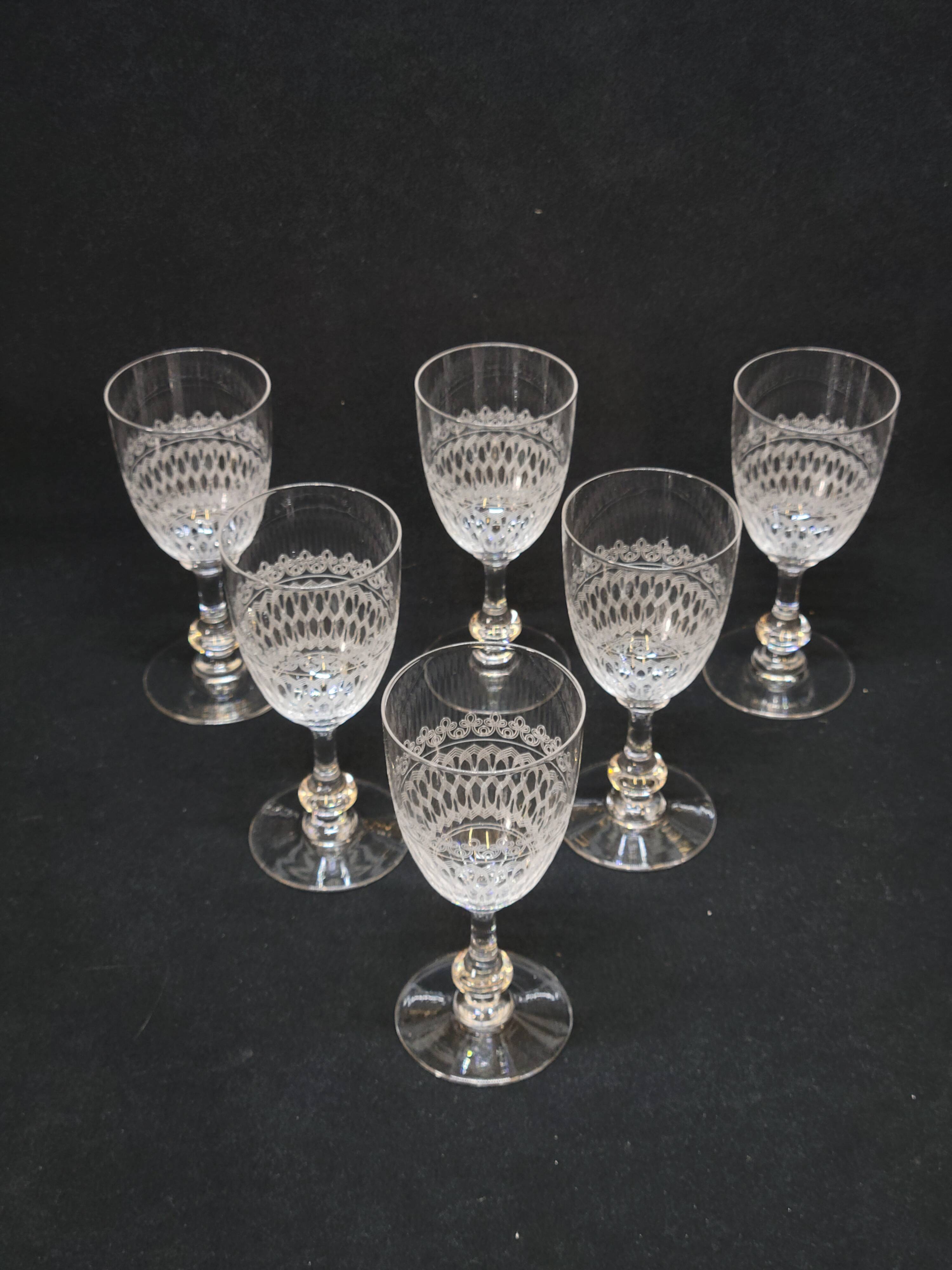 6 Antique Baccarat Crystal Engraved Wine/Port Glasses