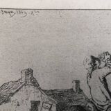 EAU FORTE engraving 1849 by Charles JACQUE, rider drinking at the foot of an inn, peasant on horseback