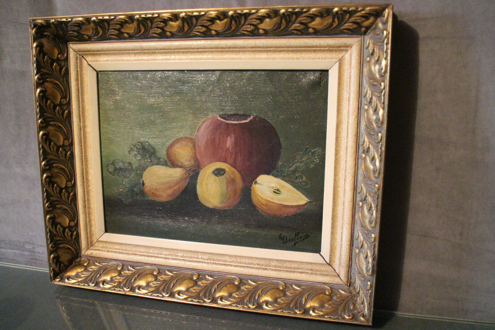 Table oil on canvas still life frame golden wood Regency style