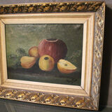 Table oil on canvas still life frame golden wood Regency style