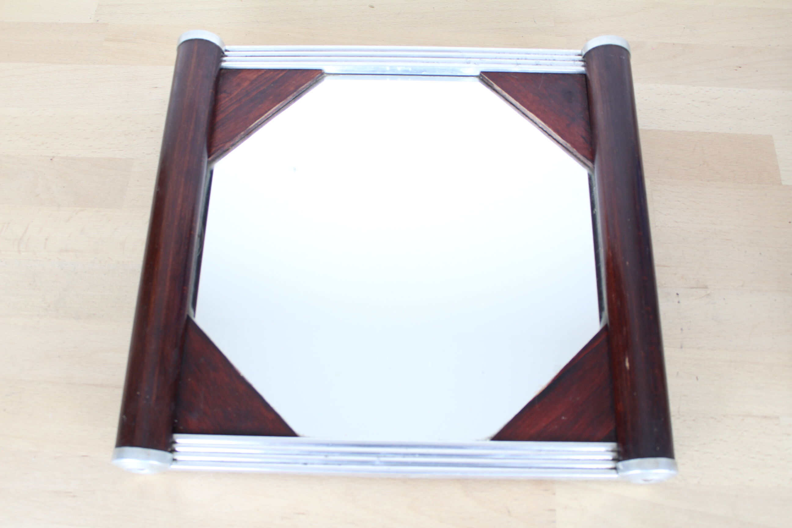 Mirror tray serving aperitif, wood and glass, art deco style