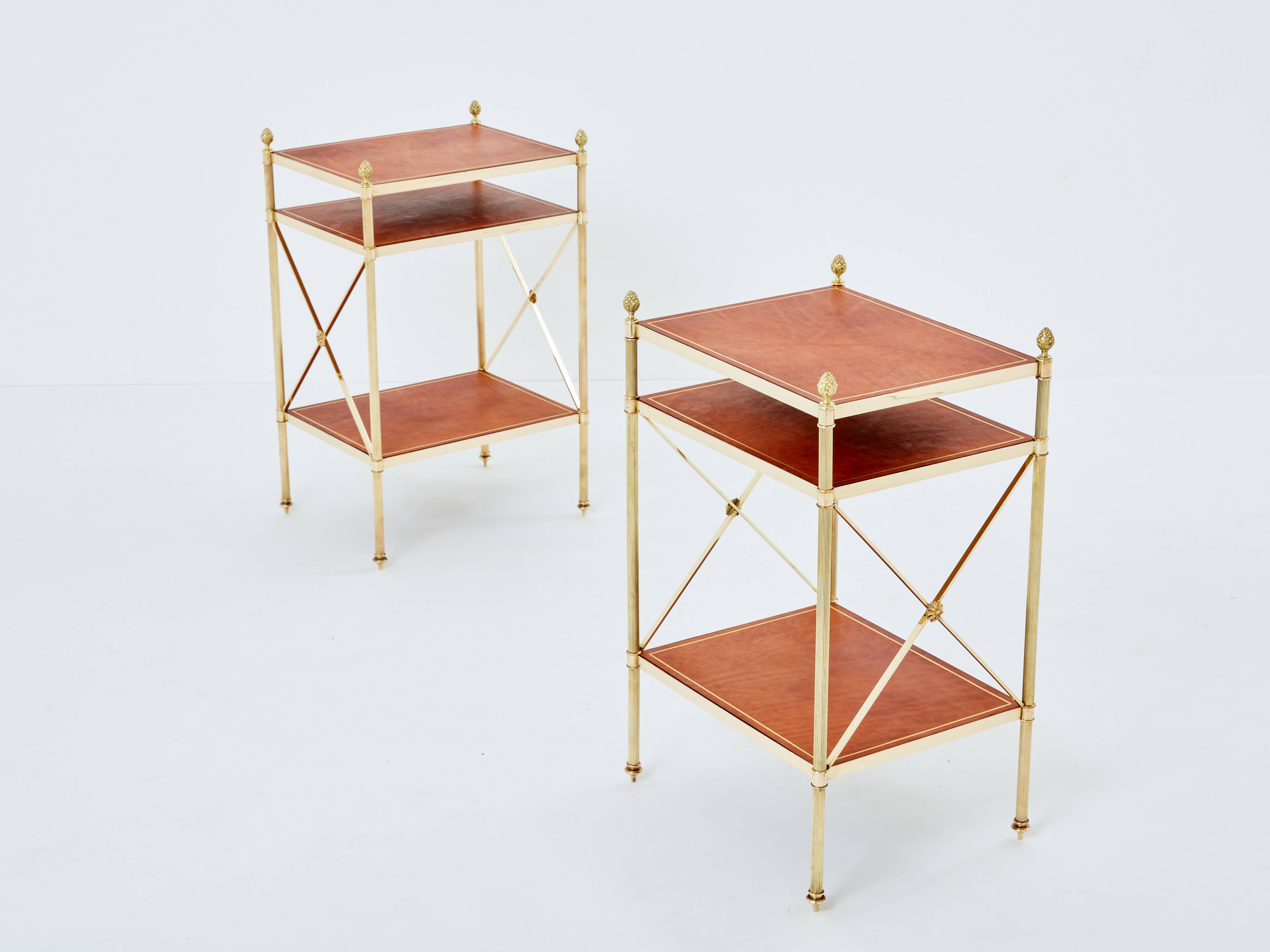 Pair of neoclassical brass leather side tables style Maison Jansen 1970