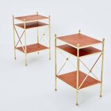 Pair of neoclassical brass leather side tables style Maison Jansen 1970