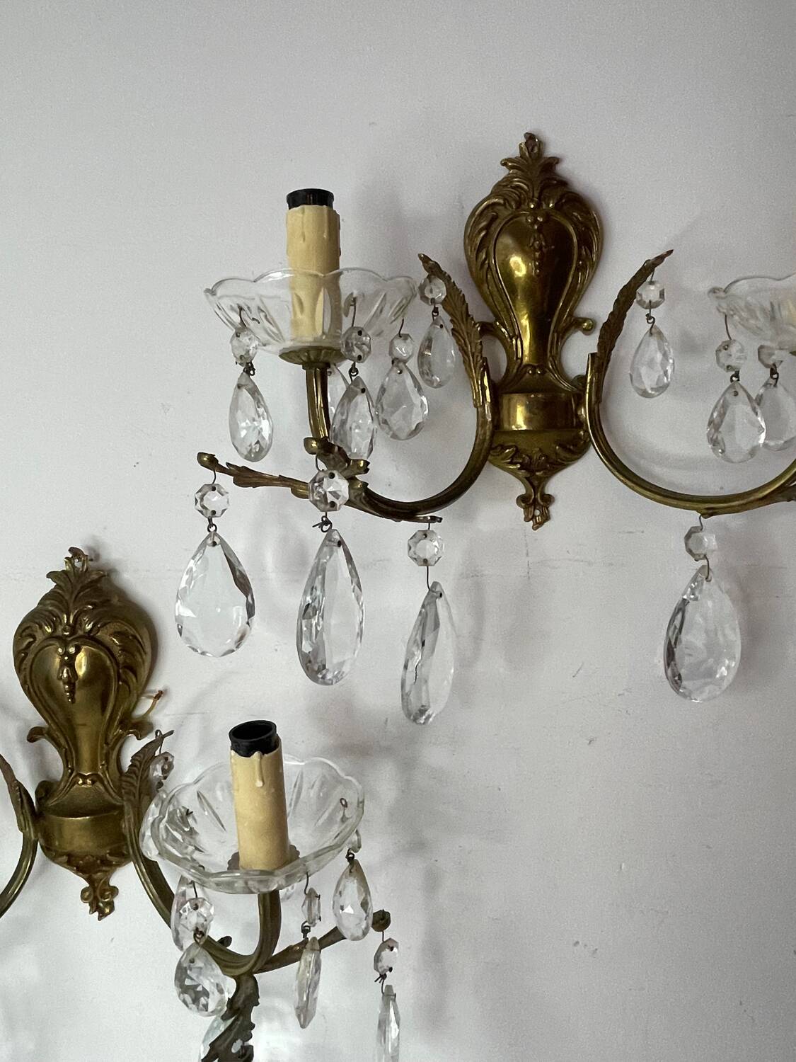 Pair of bronze and crystal wall lights