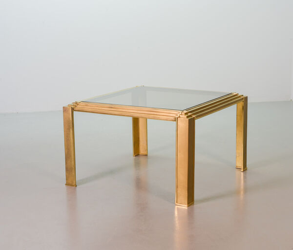 Table basse carrée en laiton massif d'après Peter Ghyczy avec plateau en verre fumé, années 70