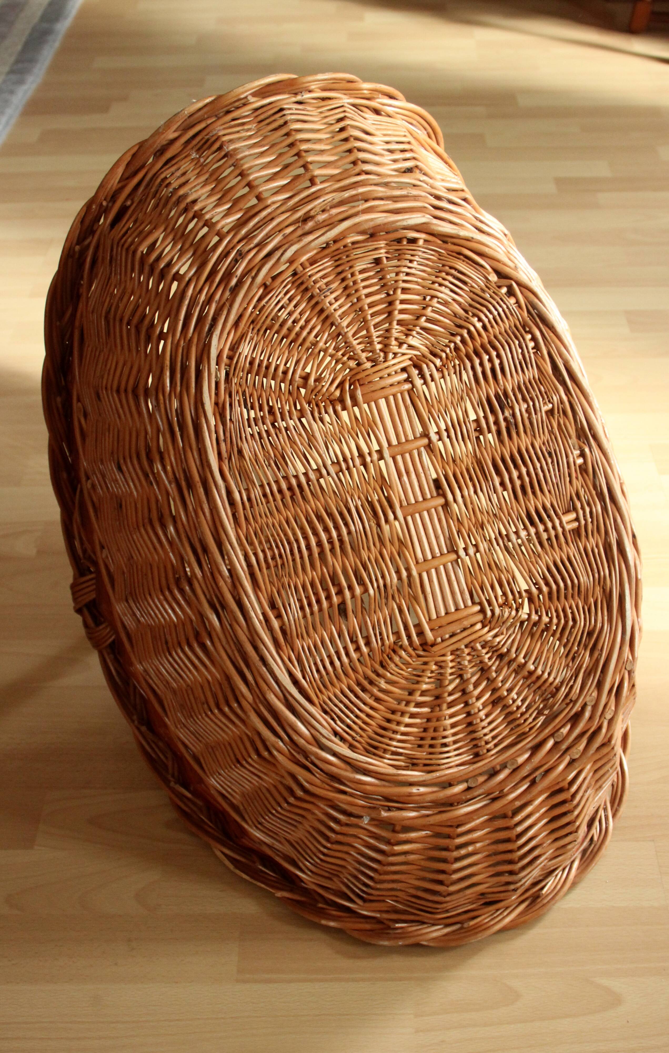 Large handmade solid wicker braided firewood basket, vintage from the 80s