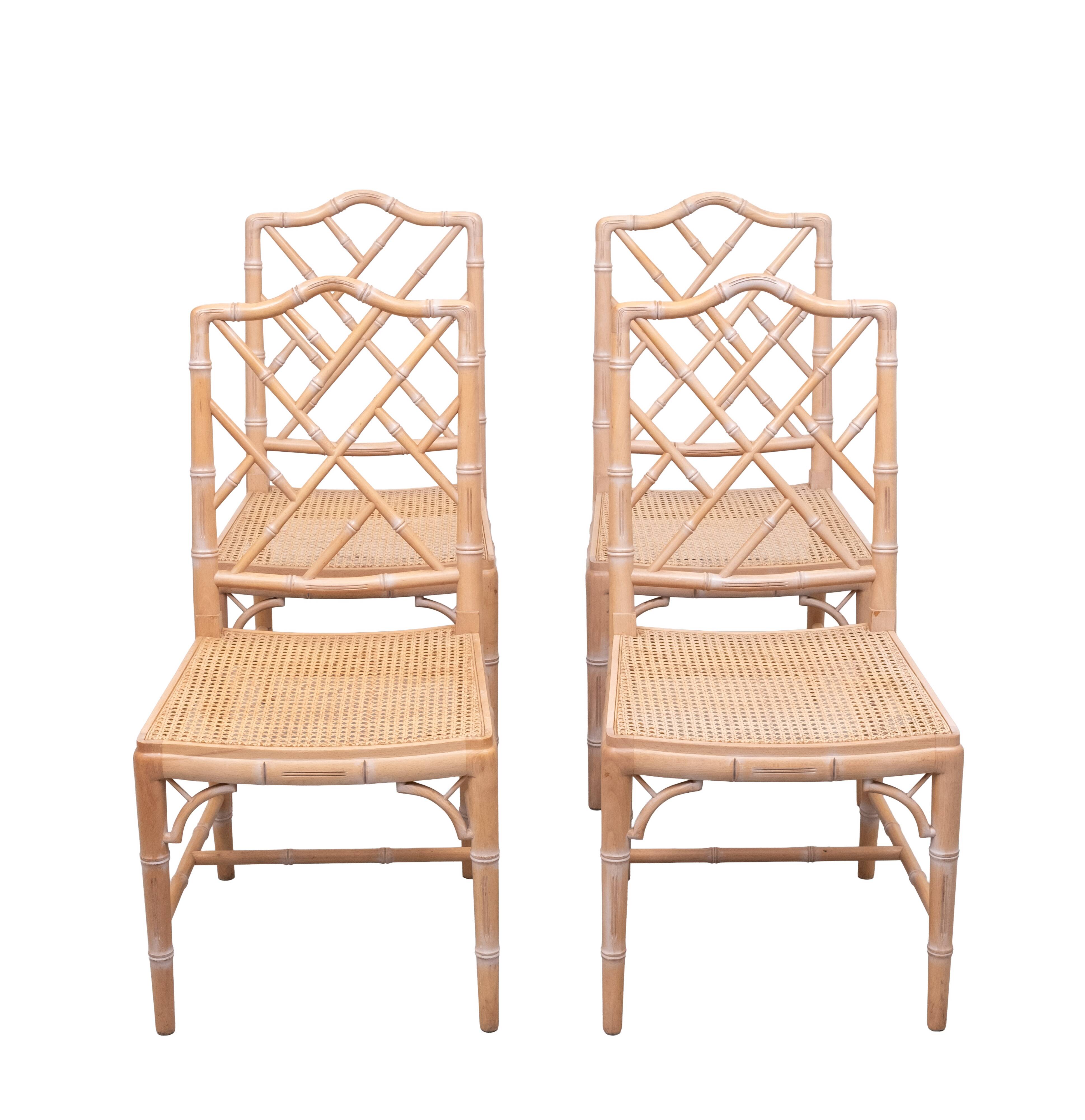 Set of 4 Chinese Chippendale Chairs Chic Regency Style Seating Woven Cane