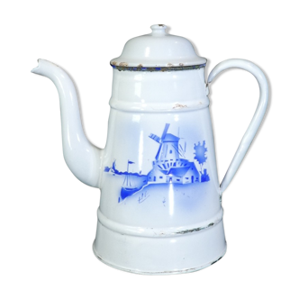 Cafetière en tole émaillée blanche decor bleu paysage Pays-Bas