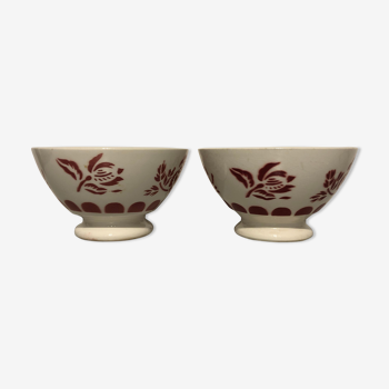 lot of bowls (pair) old signed sarreguemines red color flowering patterns