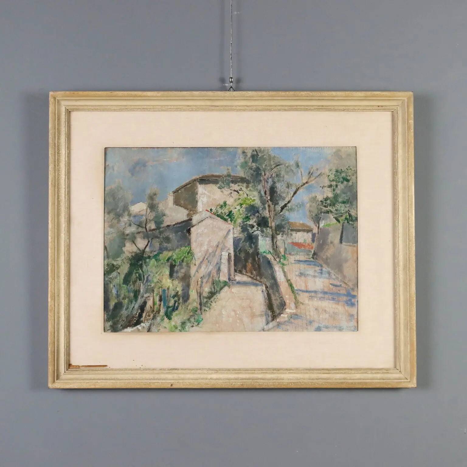 Modern painting signed Renzo Biasion, landscape of Garda, 1953.
