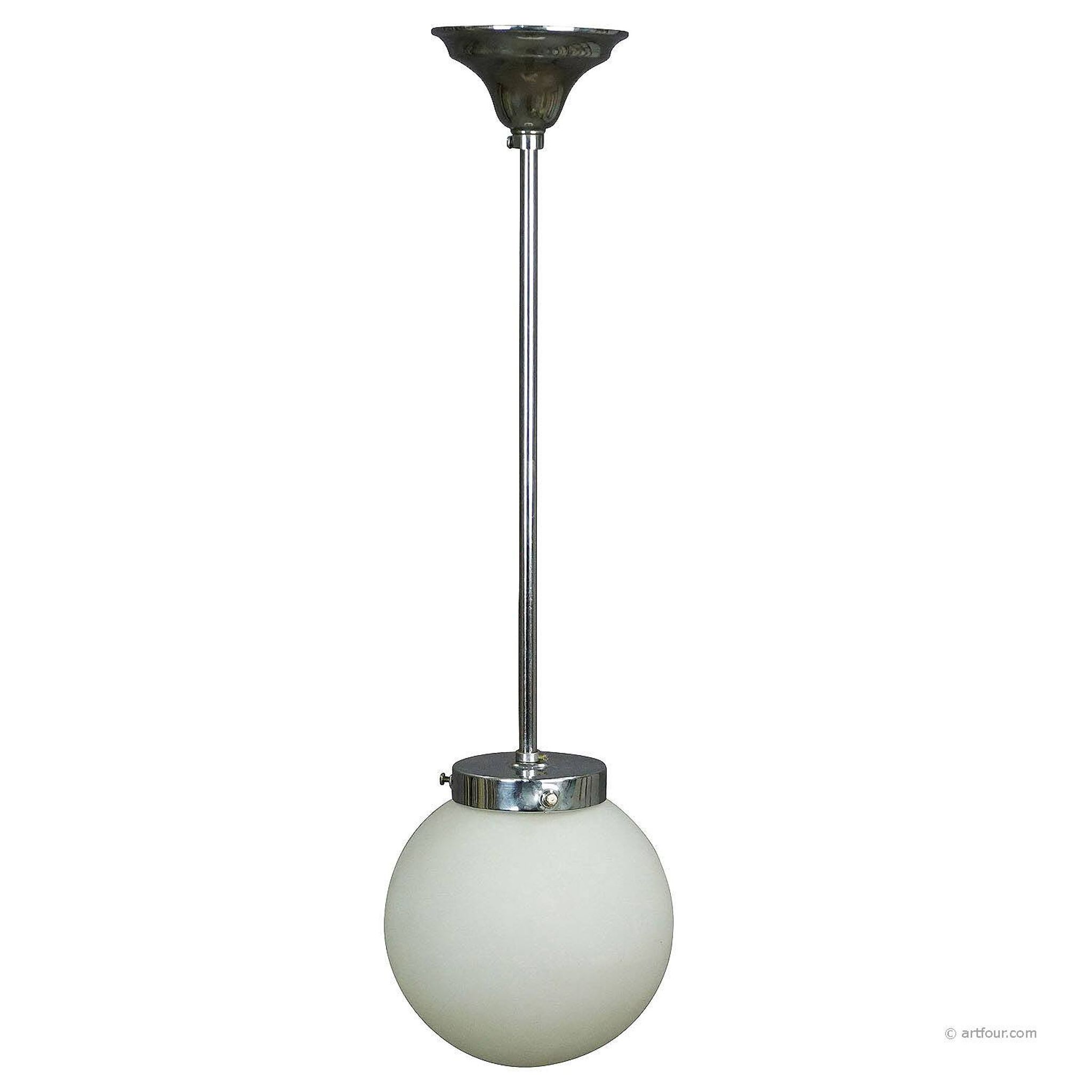 Functionalist suspension in Bauhaus style with opaline glass shade.