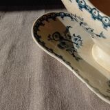 Old gravy boat on frame in terre de fer earthenware by gien, “chardons” model in blue-green