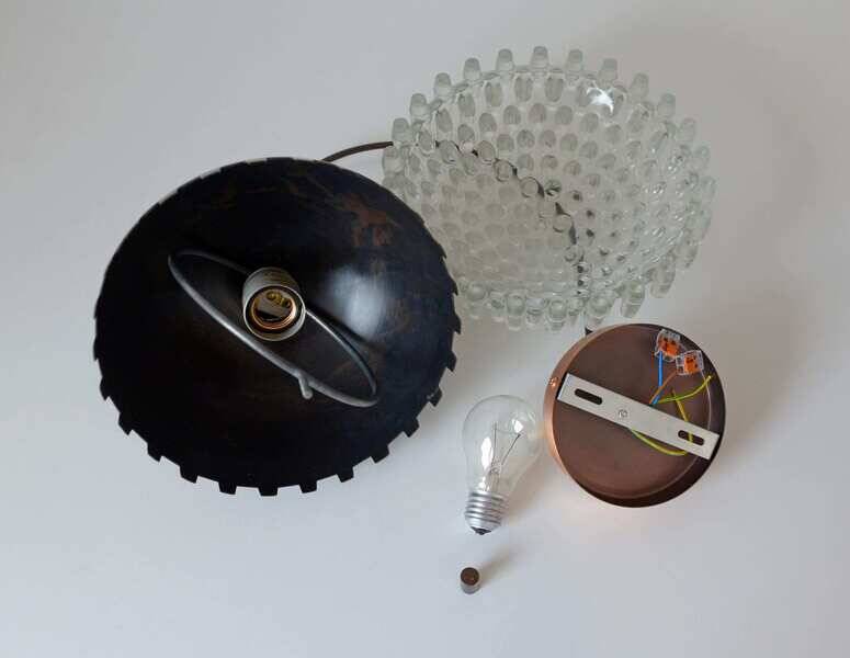 1/4 Vintage glass pendant light / brutalist copper bar lamps  MCM 1970s