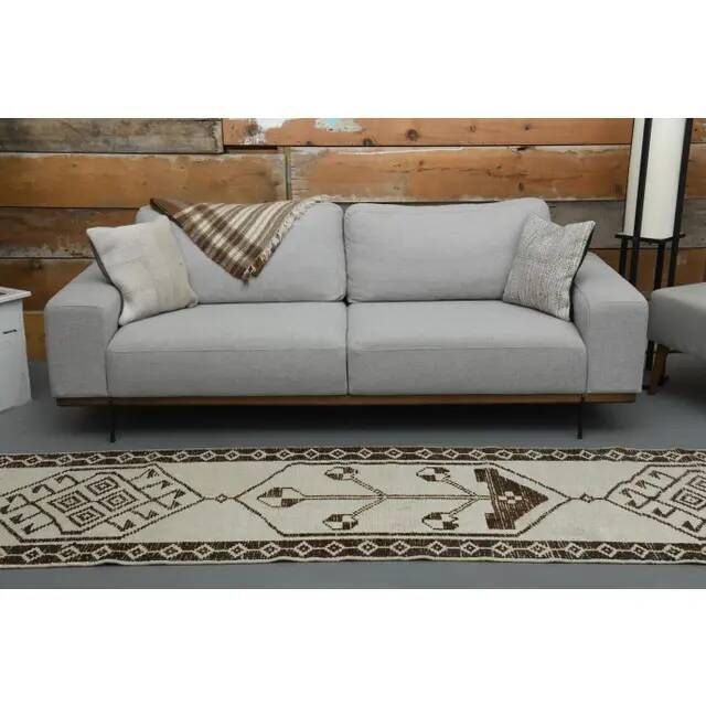 1970s Vintage Turkish Handmade Wool & Cotton Beige Runner Rug 89x320