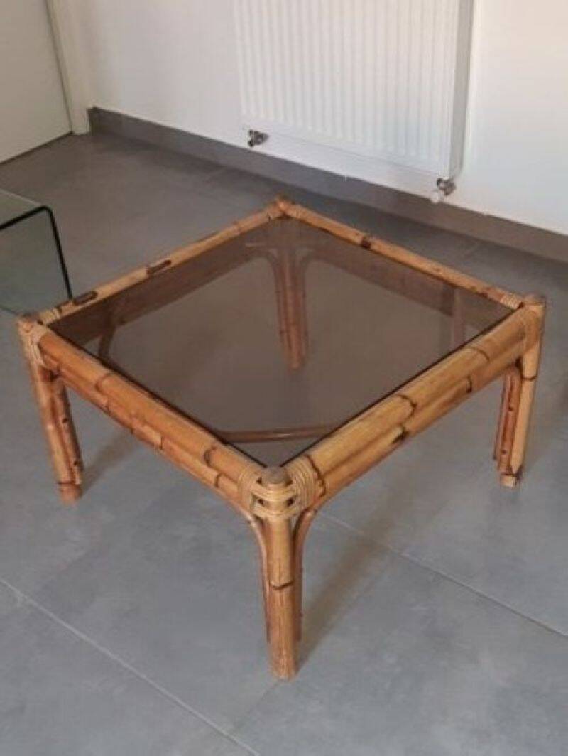 Vintage coffee table, rattan, bamboo and glass in the style of Vivai del Sud.