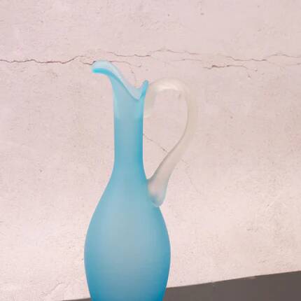 Elegant azure blue blown glass ewer vase