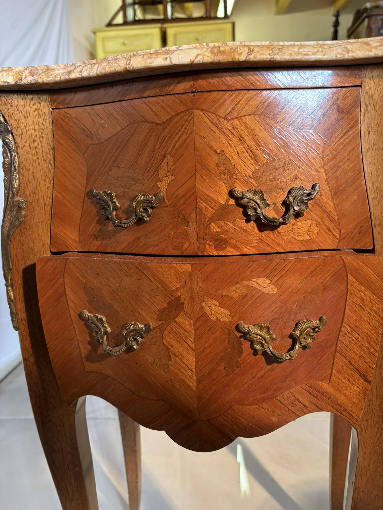 Small curved Louis XV style piece of furniture – marquetry and marble top